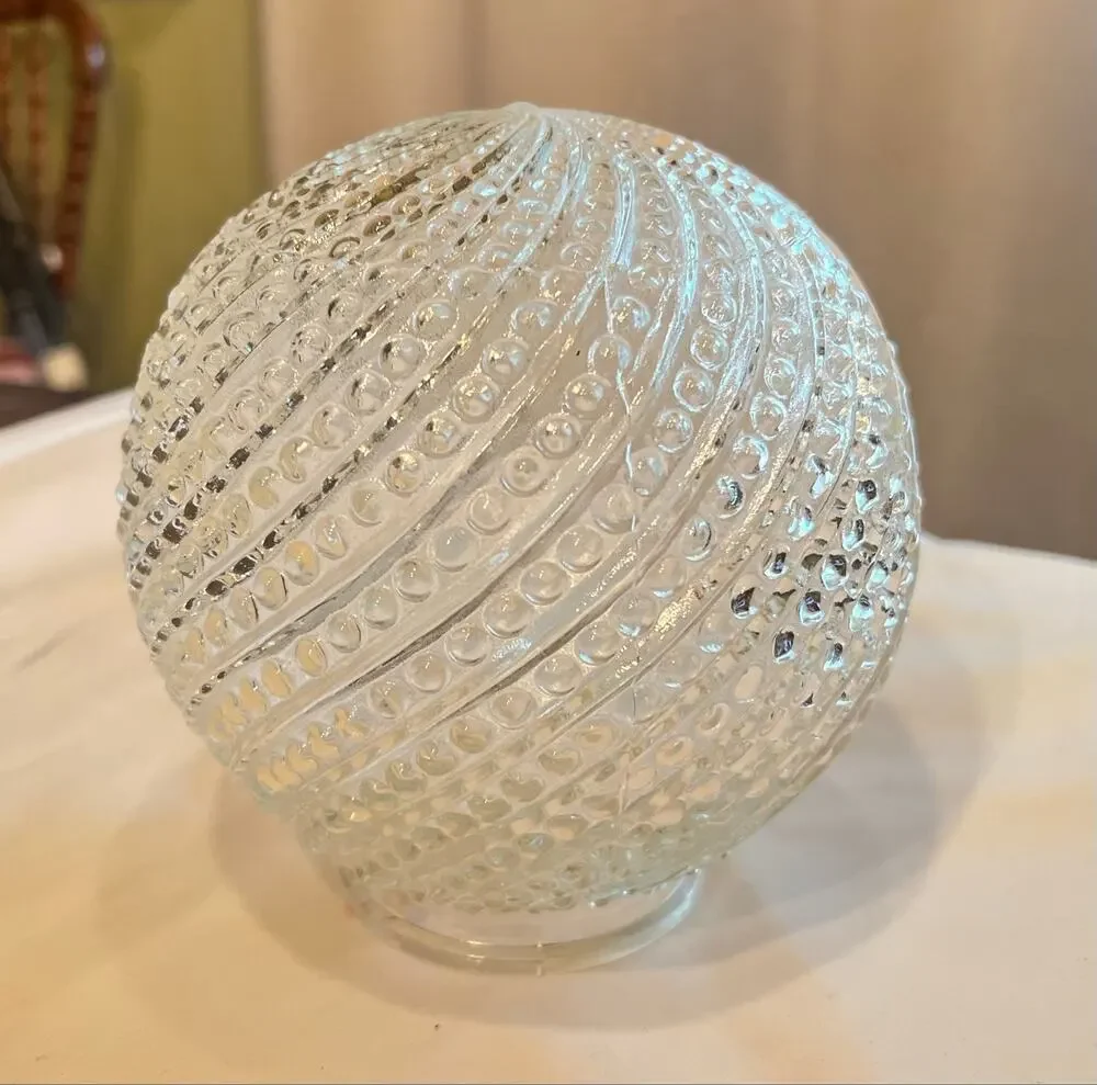 Vintage MCM Clear Spiral Hobnail Glass Globe Light Shade 6” Ball 3” Fitter